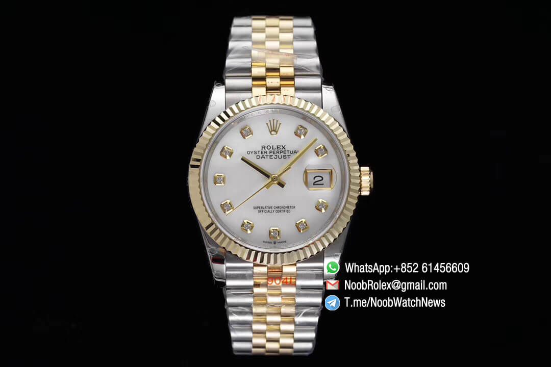 Superclone Datejust 36 White MOP Dial Diamonds Markers Two Tone 14K Yellow Gold Wrapped Jubilee Bracelet Bezel SA3235 GMF High Quality 01