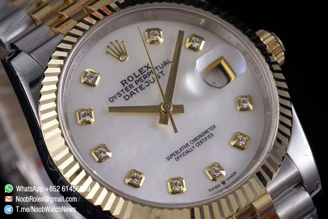 Superclone Datejust 36 White MOP Dial Diamonds Markers Two Tone 14K Yellow Gold Wrapped Jubilee Bracelet Bezel SA3235 GMF High Quality 02