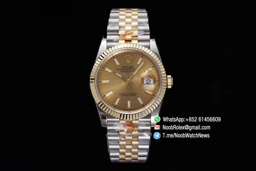 Superclone Datejust 36 Yellow Gold Dial Superlume Stick Markers Two Tone 14K Yellow Gold Wrapped Jubilee Bracelet Bezel SA3235 GMF High Quality 01
