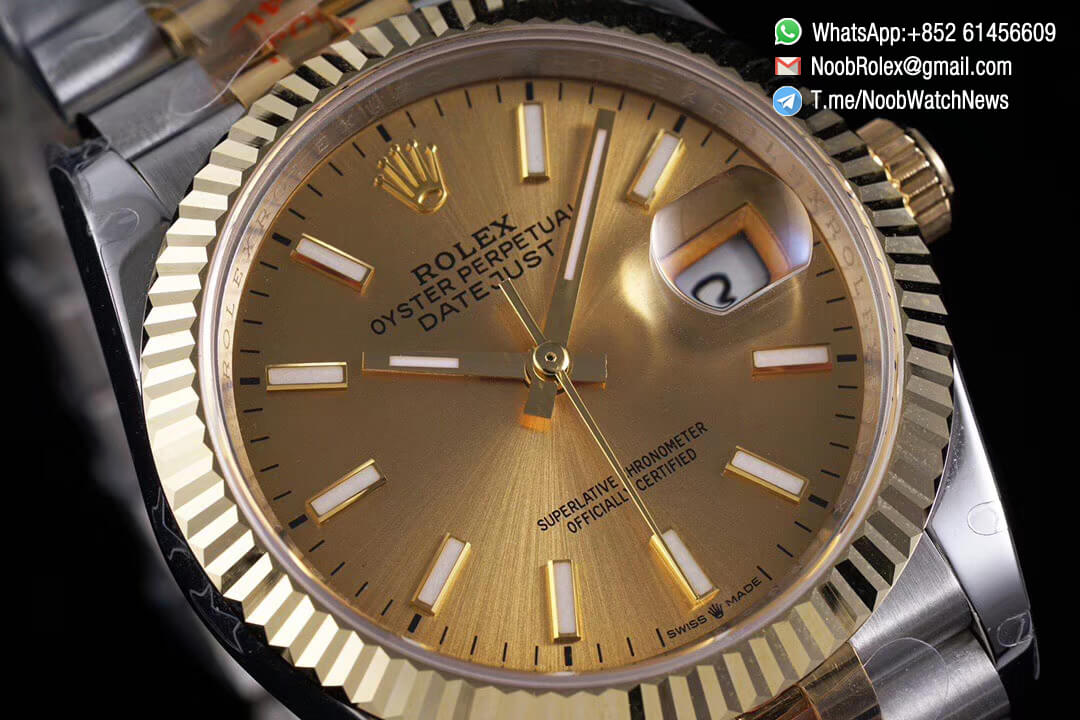 Superclone Datejust 36 Yellow Gold Dial Superlume Stick Markers Two Tone 14K Yellow Gold Wrapped Jubilee Bracelet Bezel SA3235 GMF High Quality 02