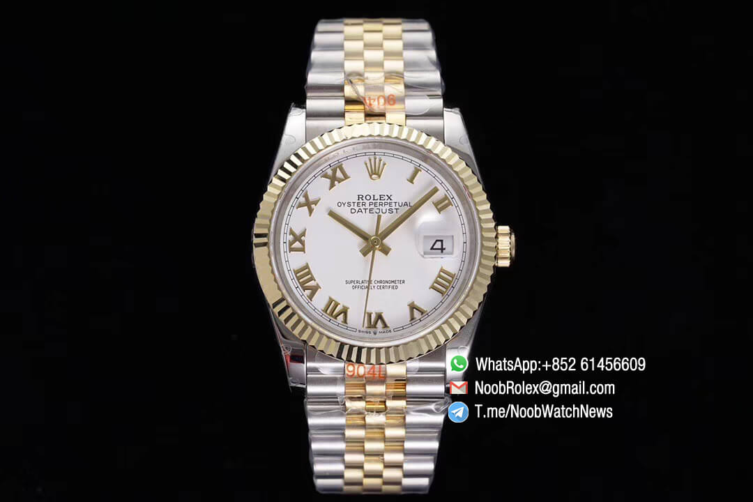 Superclone Datejust 36mm White Dial Roma Markers Two Tone 14K Yellow Gold Wrapped Jubilee Bracelet Bezel SA3235 GMF High Quality 01