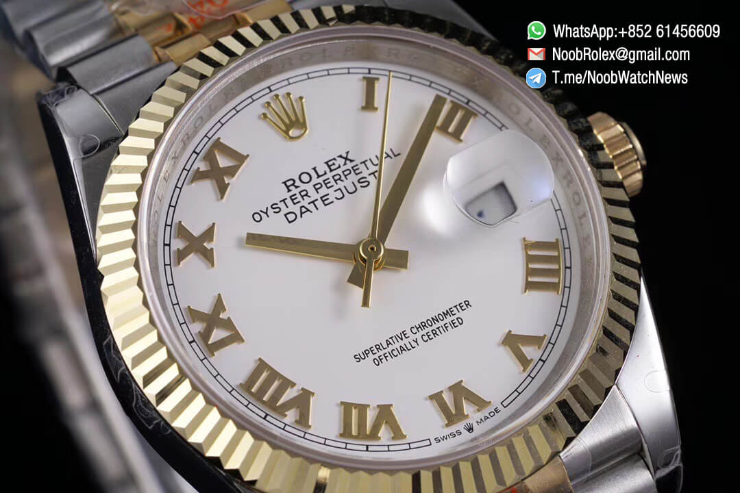 Superclone Datejust 36mm White Dial Roma Markers Two Tone 14K Yellow Gold Wrapped Jubilee Bracelet Bezel SA3235 GMF High Quality 02