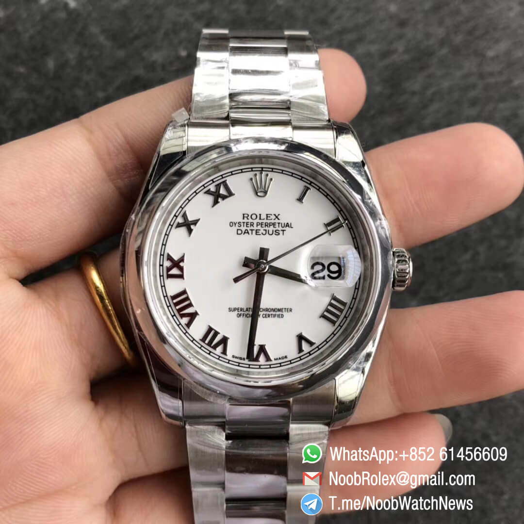 Noob Rolex Time ARF DateJust 126200 36mm Oystersteel Case White Dial with Roman Indexes Smooth Bezel Oyster Bracelet SA3135 Best Quality 01