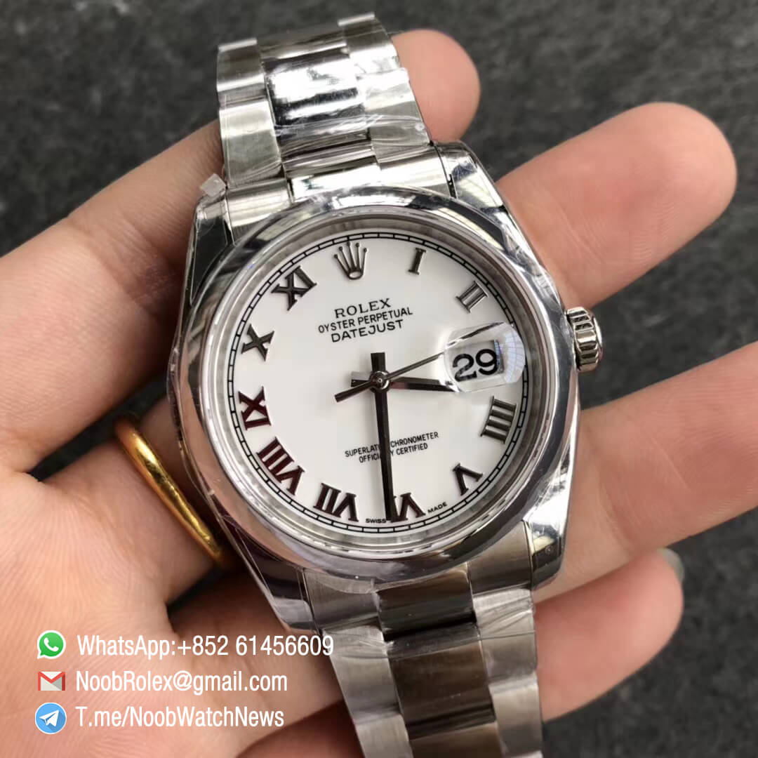 Noob Rolex Time ARF DateJust 126200 36mm Oystersteel Case White Dial with Roman Indexes Smooth Bezel Oyster Bracelet SA3135 Best Quality 02