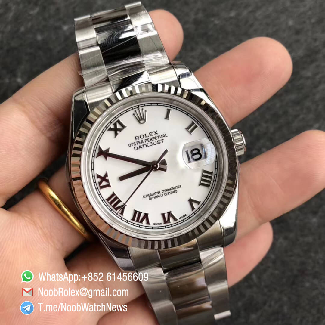 Noob Rolex Time ARF DateJust 126234 36mm Oystersteel Case White Dial with Roman Indexes Fluted Bezel Oyster Bracelet SA3135 Best Quality 02