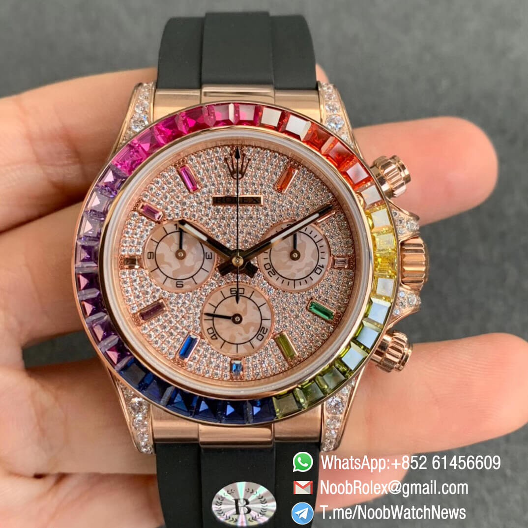 Noob Watch Store BLF Superclone Daytona 116595RBOW Paved Diamonds Rose Gold Case Rainbow Crystal Bezel Full Dianmonds Dial Rubber Strap A4130 01