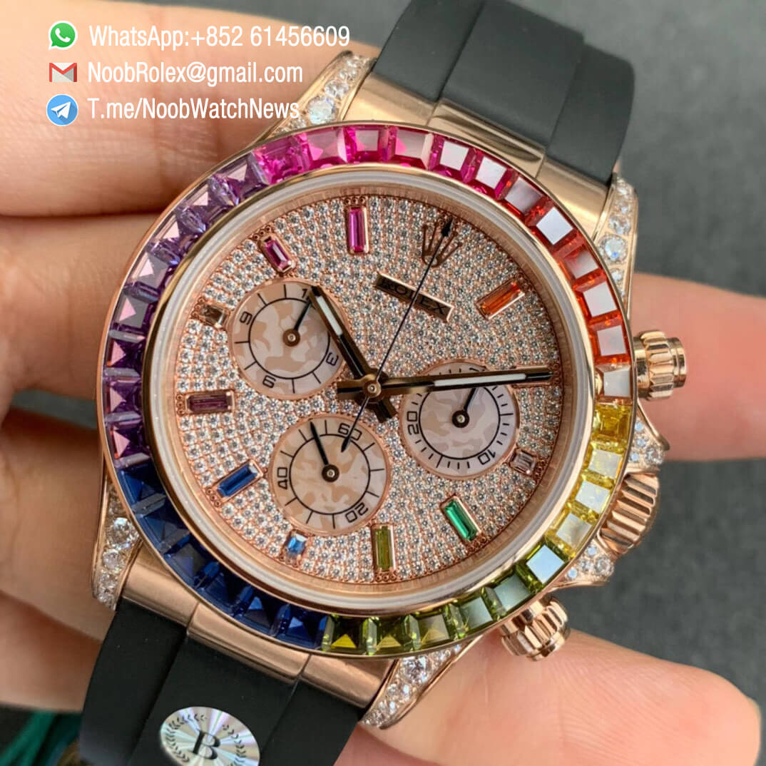 Noob Watch Store BLF Superclone Daytona 116595RBOW Paved Diamonds Rose Gold Case Rainbow Crystal Bezel Full Dianmonds Dial Rubber Strap A4130 03