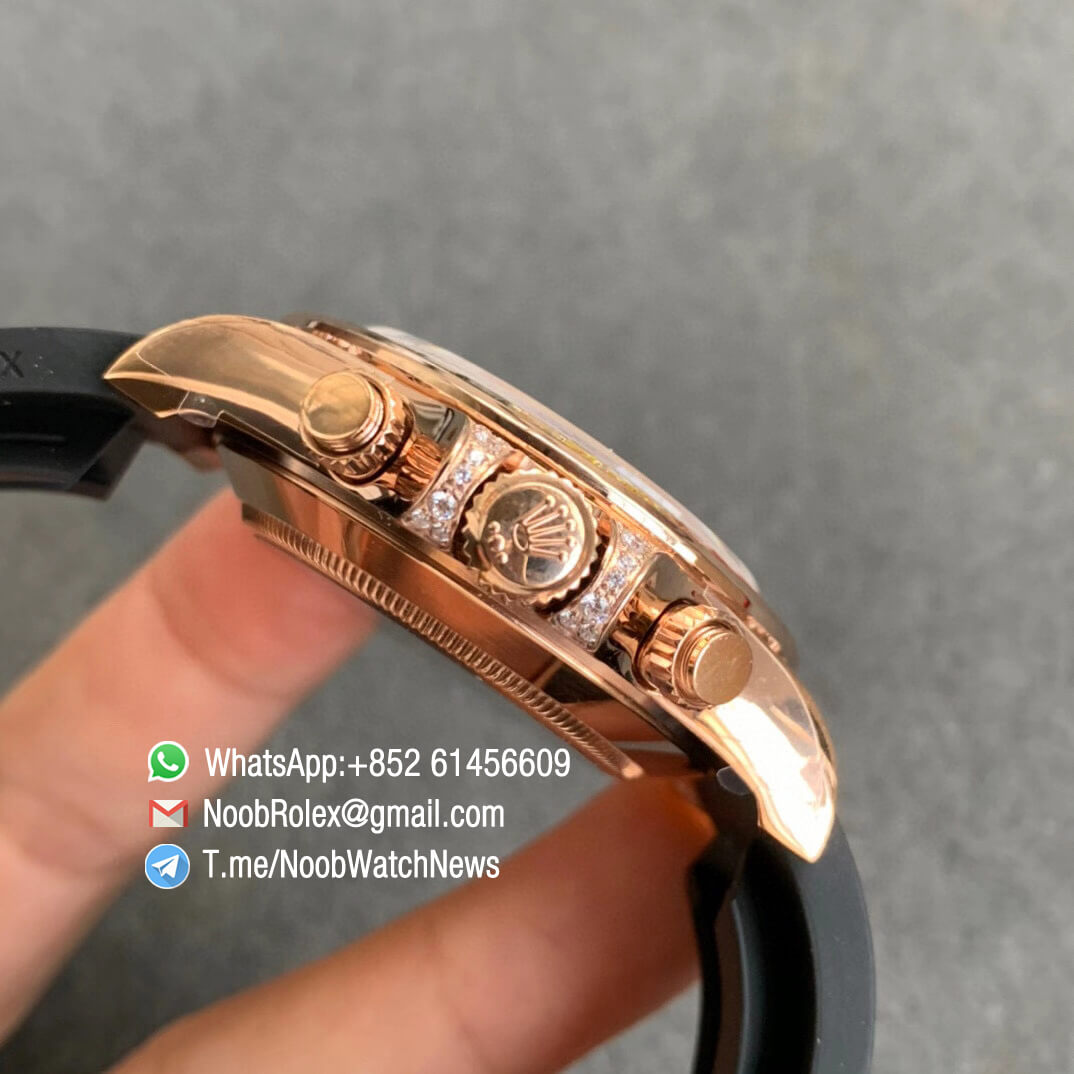 Noob Watch Store BLF Superclone Daytona 116595RBOW Paved Diamonds Rose Gold Case Rainbow Crystal Bezel Full Dianmonds Dial Rubber Strap A4130 04