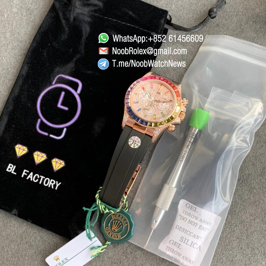 Noob Watch Store BLF Superclone Daytona 116595RBOW Paved Diamonds Rose Gold Case Rainbow Crystal Bezel Full Dianmonds Dial Rubber Strap A4130 10