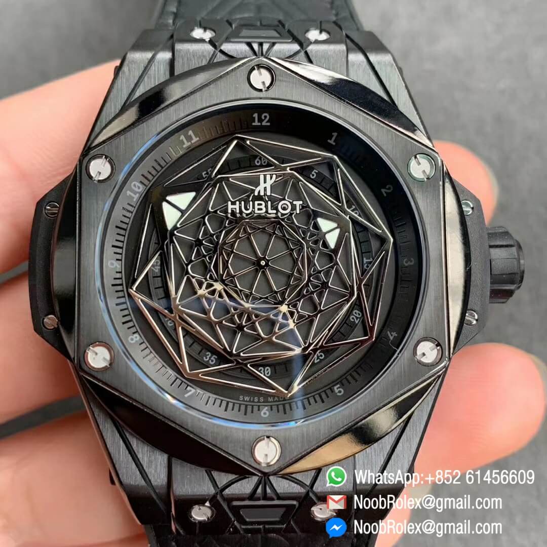 Noob Watch Store HBF Big Bang Unico Sang Bleu DLC Full Black Titanium Case Skeleton Black Dial on Black Gummy Strap Clone HUB1213 01