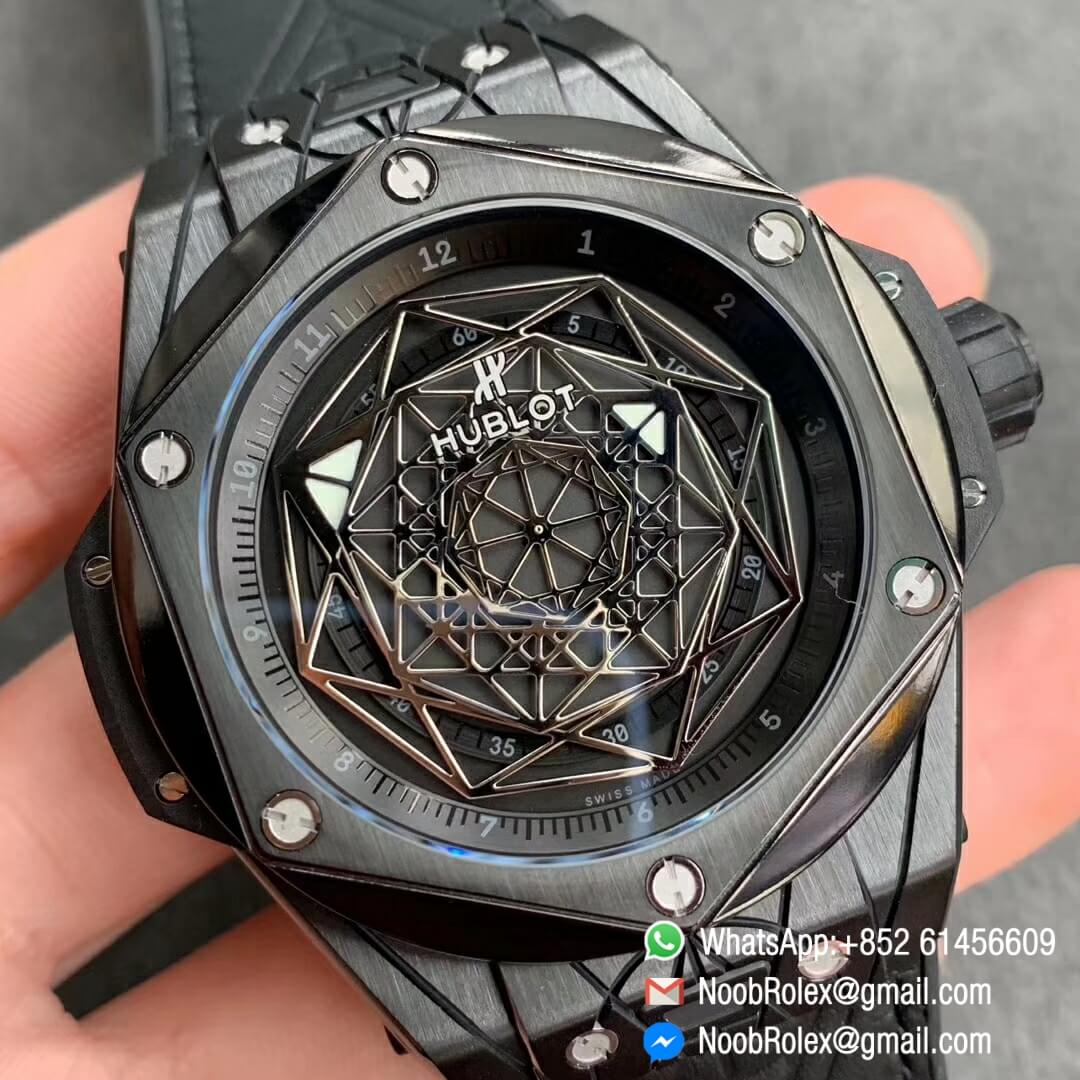 Noob Watch Store HBF Big Bang Unico Sang Bleu DLC Full Black Titanium Case Skeleton Black Dial on Black Gummy Strap Clone HUB1213 02