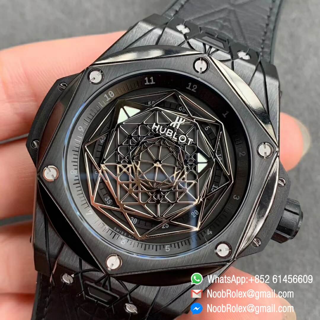 Noob Watch Store HBF Big Bang Unico Sang Bleu DLC Full Black Titanium Case Skeleton Black Dial on Black Gummy Strap Clone HUB1213 03