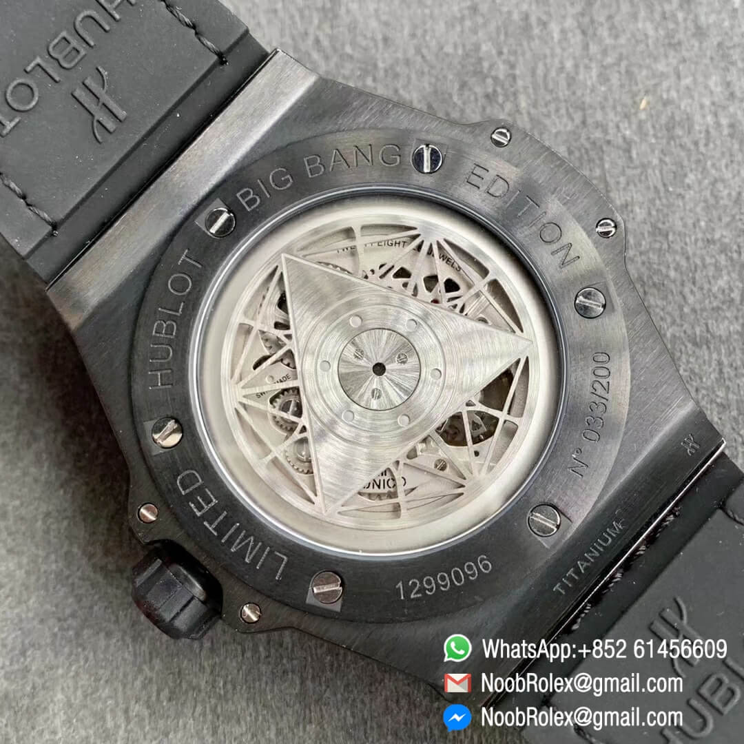 Noob Watch Store HBF Big Bang Unico Sang Bleu DLC Full Black Titanium Case Skeleton Black Dial on Black Gummy Strap Clone HUB1213 08