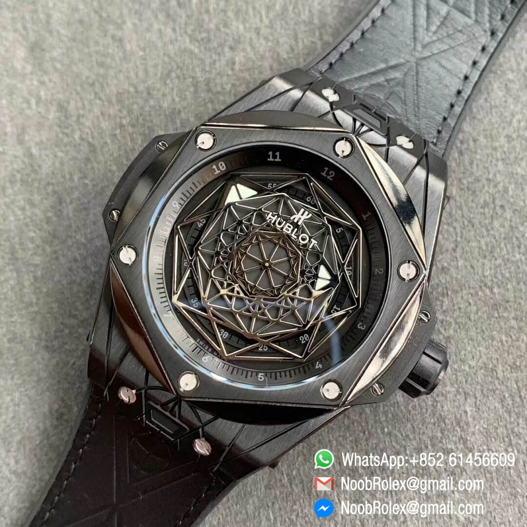 Noob Watch Store HBF Big Bang Unico Sang Bleu DLC Full Black Titanium Case Skeleton Black Dial on Black Gummy Strap Clone HUB1213 09