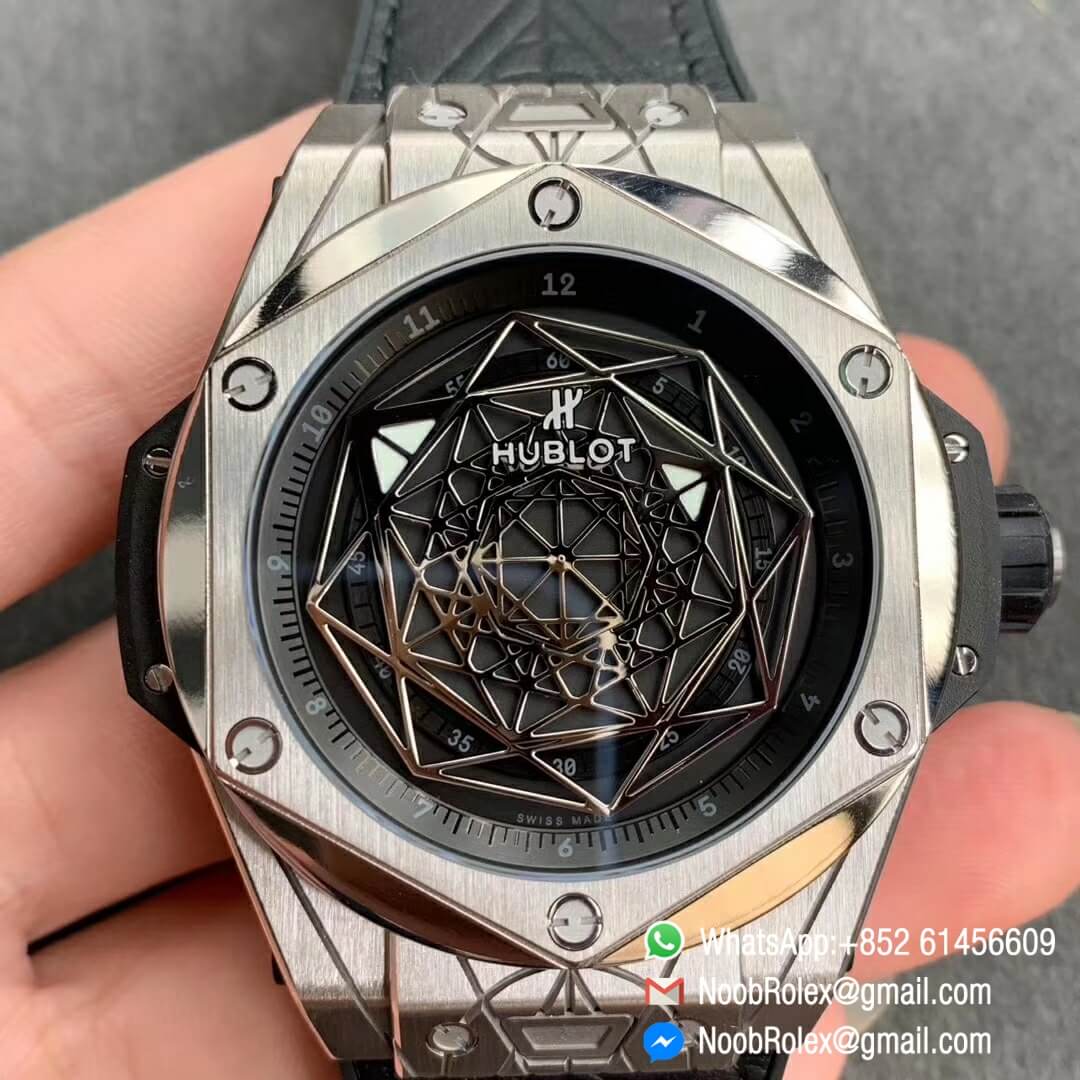 Noob Watch Store HBF Big Bang Unico Sang Bleu Titanium Case Skeleton Black Dial on Black Gummy Strap Clone HUB1213 01