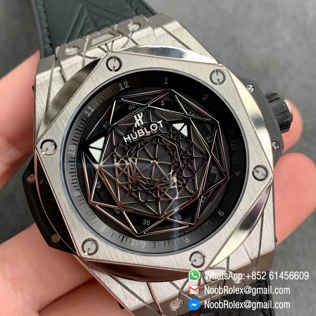 Noob Watch Store HBF Big Bang Unico Sang Bleu Titanium Case Skeleton Black Dial on Black Gummy Strap Clone HUB1213 02