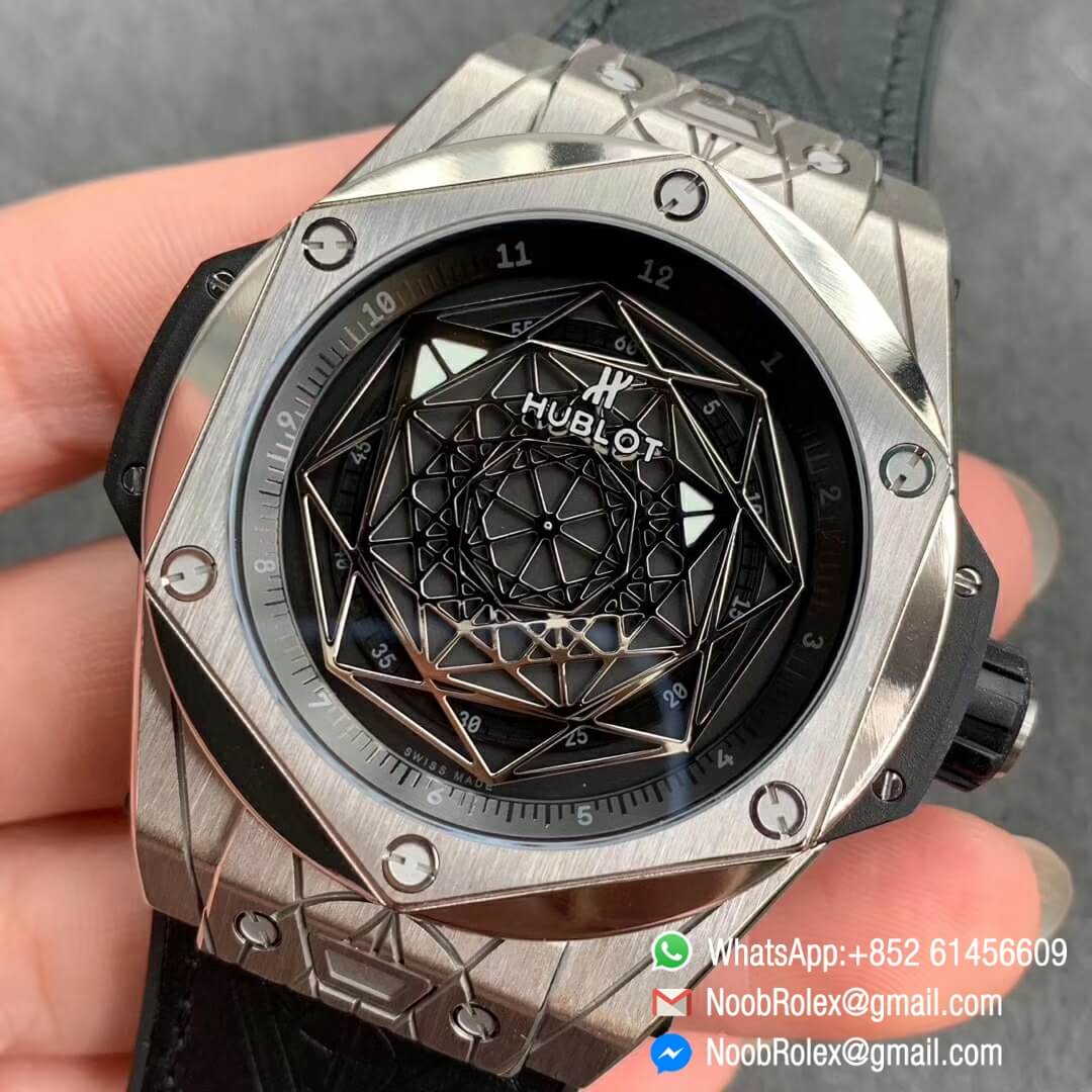 Noob Watch Store HBF Big Bang Unico Sang Bleu Titanium Case Skeleton Black Dial on Black Gummy Strap Clone HUB1213 03