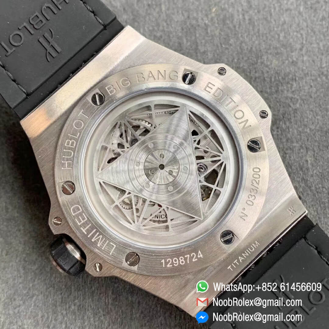Noob Watch Store HBF Big Bang Unico Sang Bleu Titanium Case Skeleton Black Dial on Black Gummy Strap Clone HUB1213 08