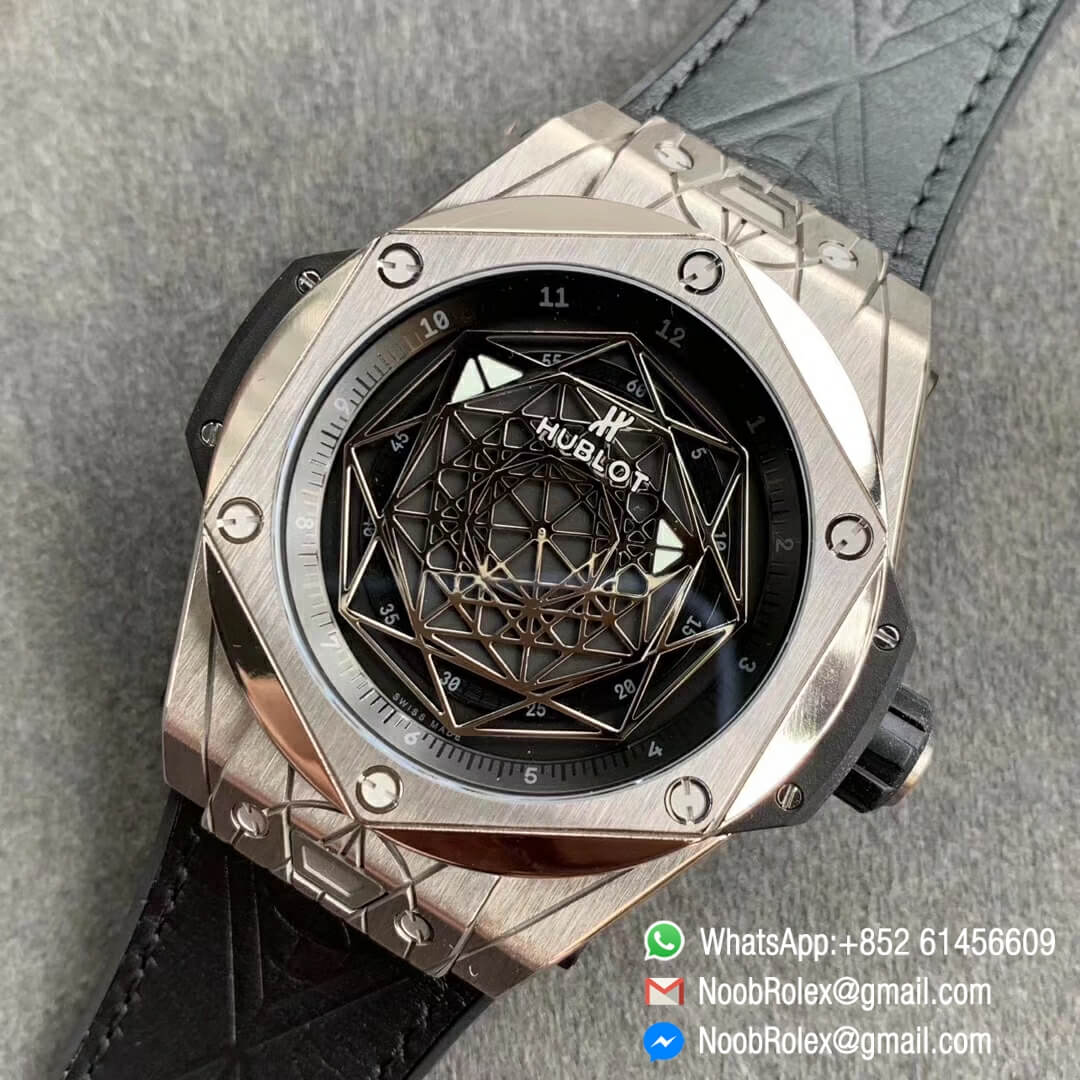 Noob Watch Store HBF Big Bang Unico Sang Bleu Titanium Case Skeleton Black Dial on Black Gummy Strap Clone HUB1213 09