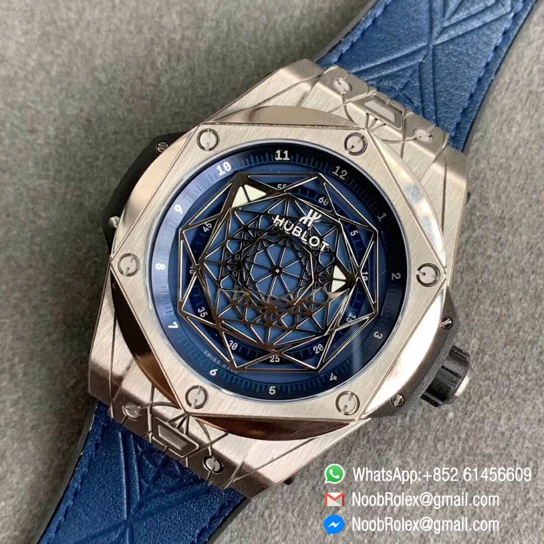 Noob Watch Store HBF Big Bang Unico Sang Bleu Titanium Case Skeleton Blue Dial on Blue Gummy Strap Clone HUB1213 09