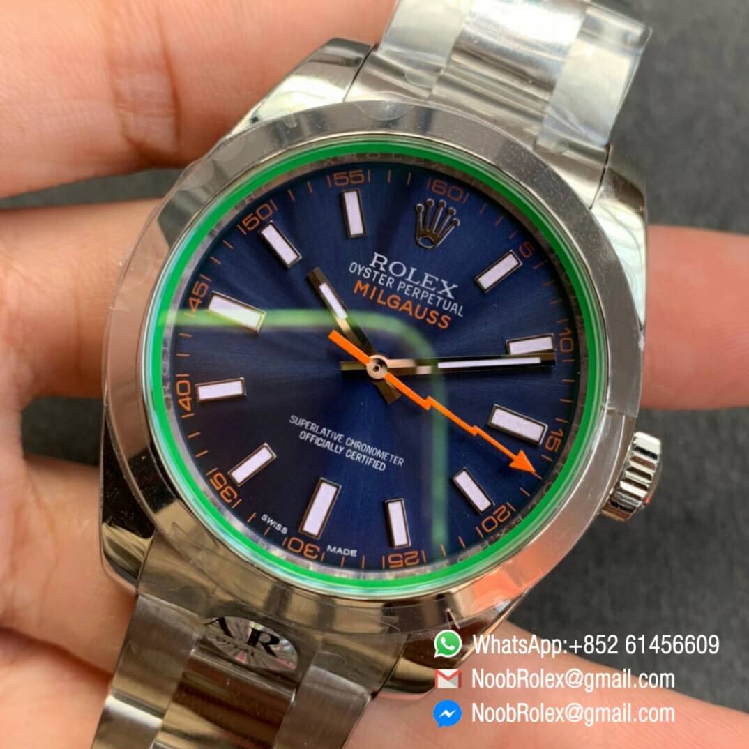 Noob Watch Time ARF Rolex Milgauss 116400GV Green Sapphire Crystal Lightning Seconds Hand 904L Steel Z Blue Dial SH3131 03