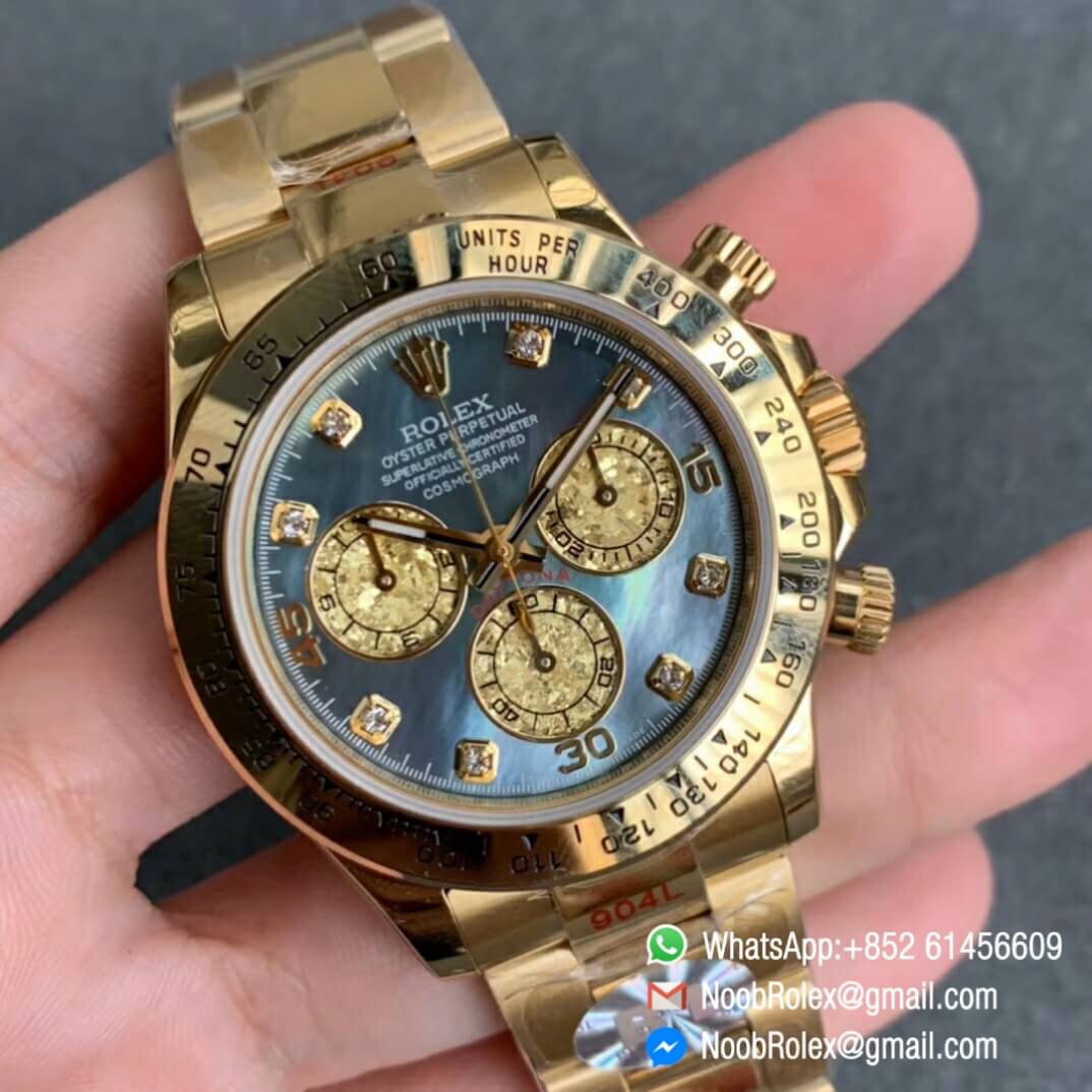 Noob Watch Time BLF Superclone Rolex Daytona 116509 Full Yellow Gold Bezel MOP Dial Diamonds Markers A7750 02