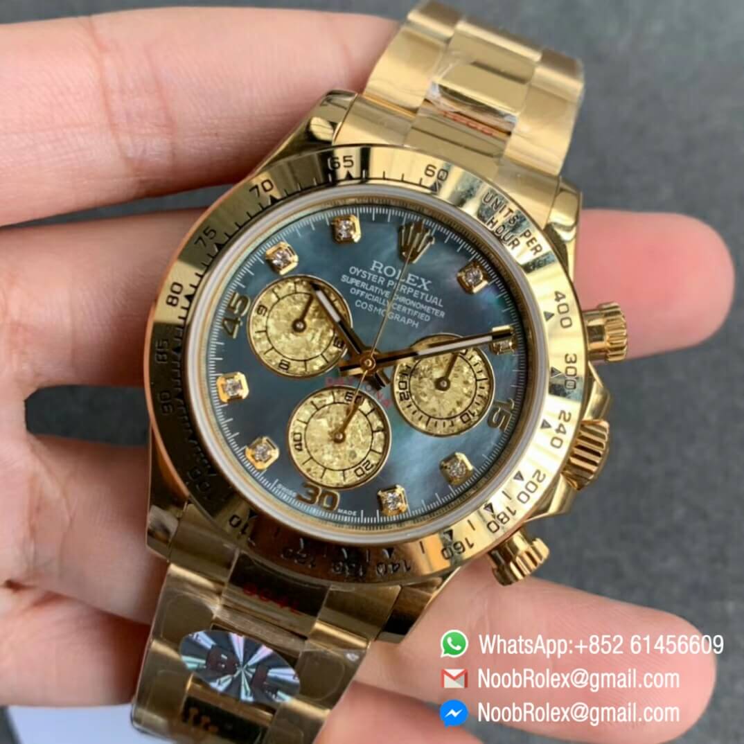 Noob Watch Time BLF Superclone Rolex Daytona 116509 Full Yellow Gold Bezel MOP Dial Diamonds Markers A7750 03
