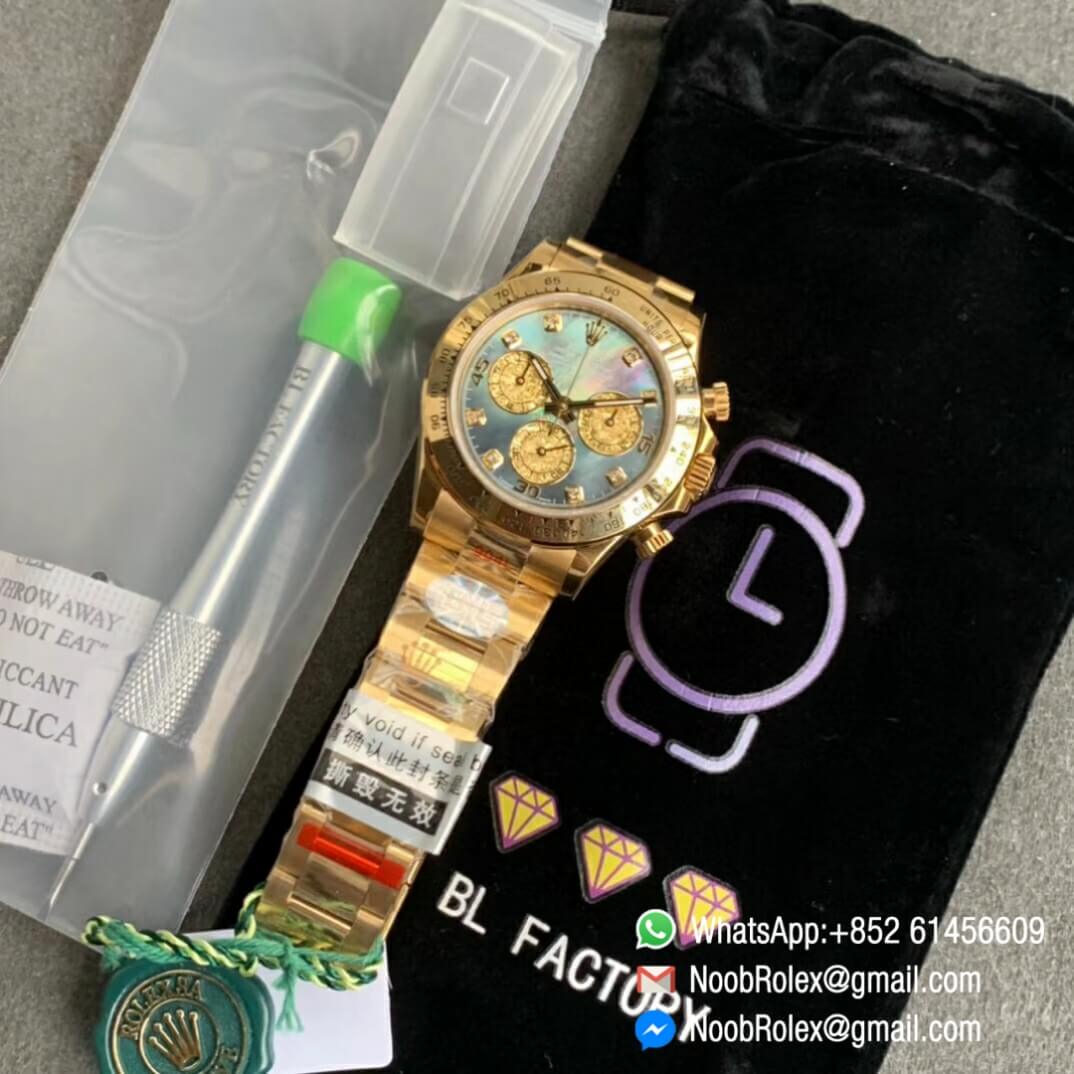 Noob Watch Time BLF Superclone Rolex Daytona 116509 Full Yellow Gold Bezel MOP Dial Diamonds Markers A7750 09