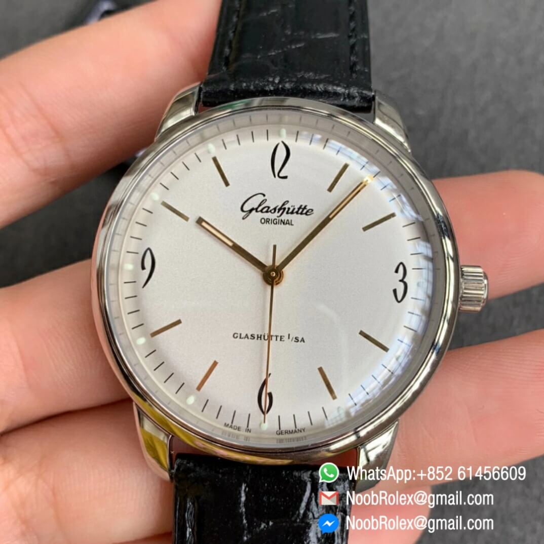 Noob Watch Time Best Clone Glashutte Original Senator Automatic White Dial on Black Leather Strap A3959 01