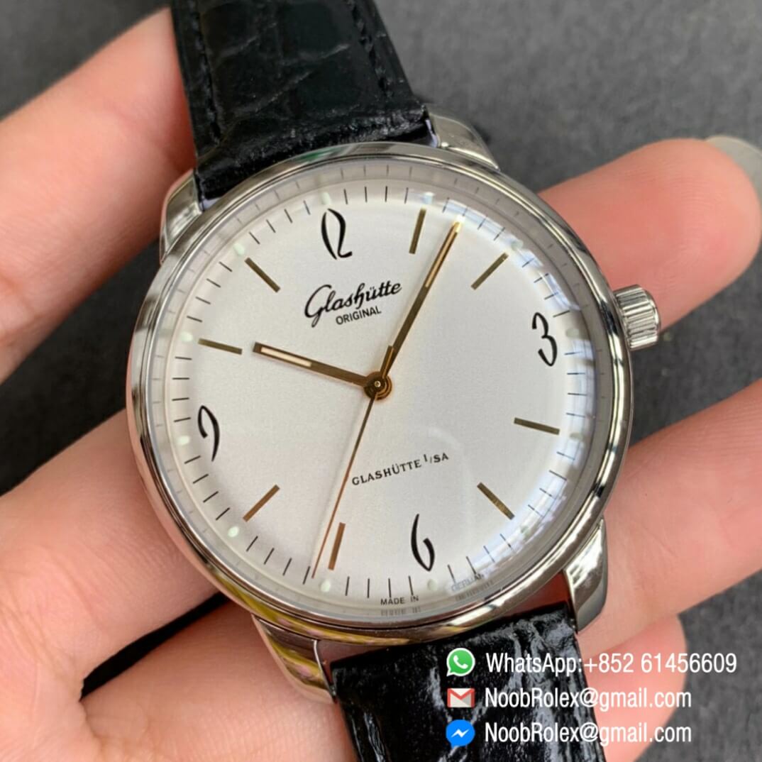 Noob Watch Time Best Clone Glashutte Original Senator Automatic White Dial on Black Leather Strap A3959 02