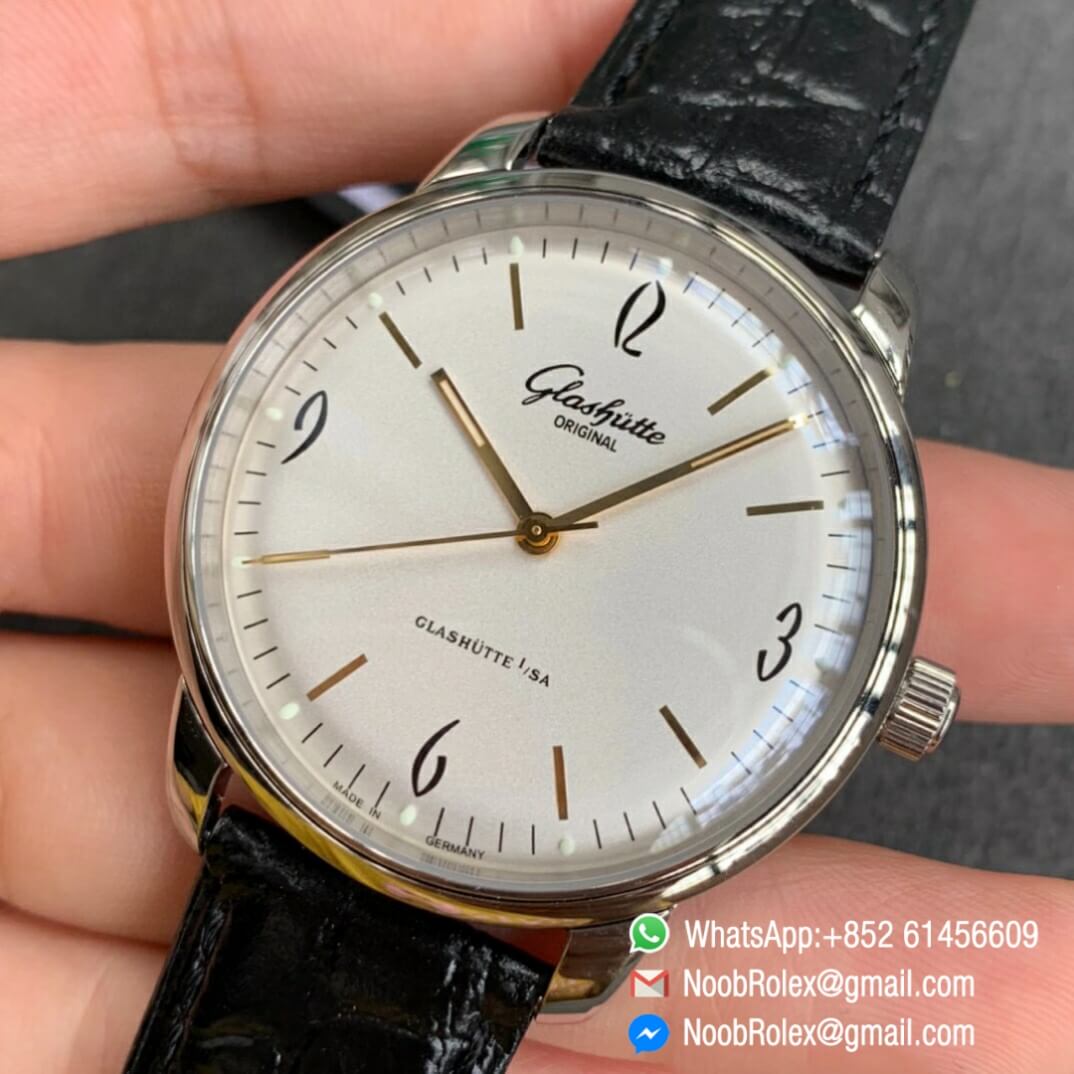 Noob Watch Time Best Clone Glashutte Original Senator Automatic White Dial on Black Leather Strap A3959 03