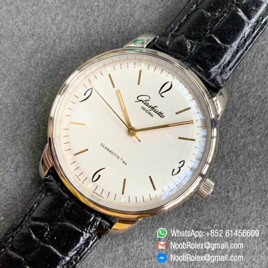 Noob Watch Time Best Clone Glashutte Original Senator Automatic White Dial on Black Leather Strap A3959 09