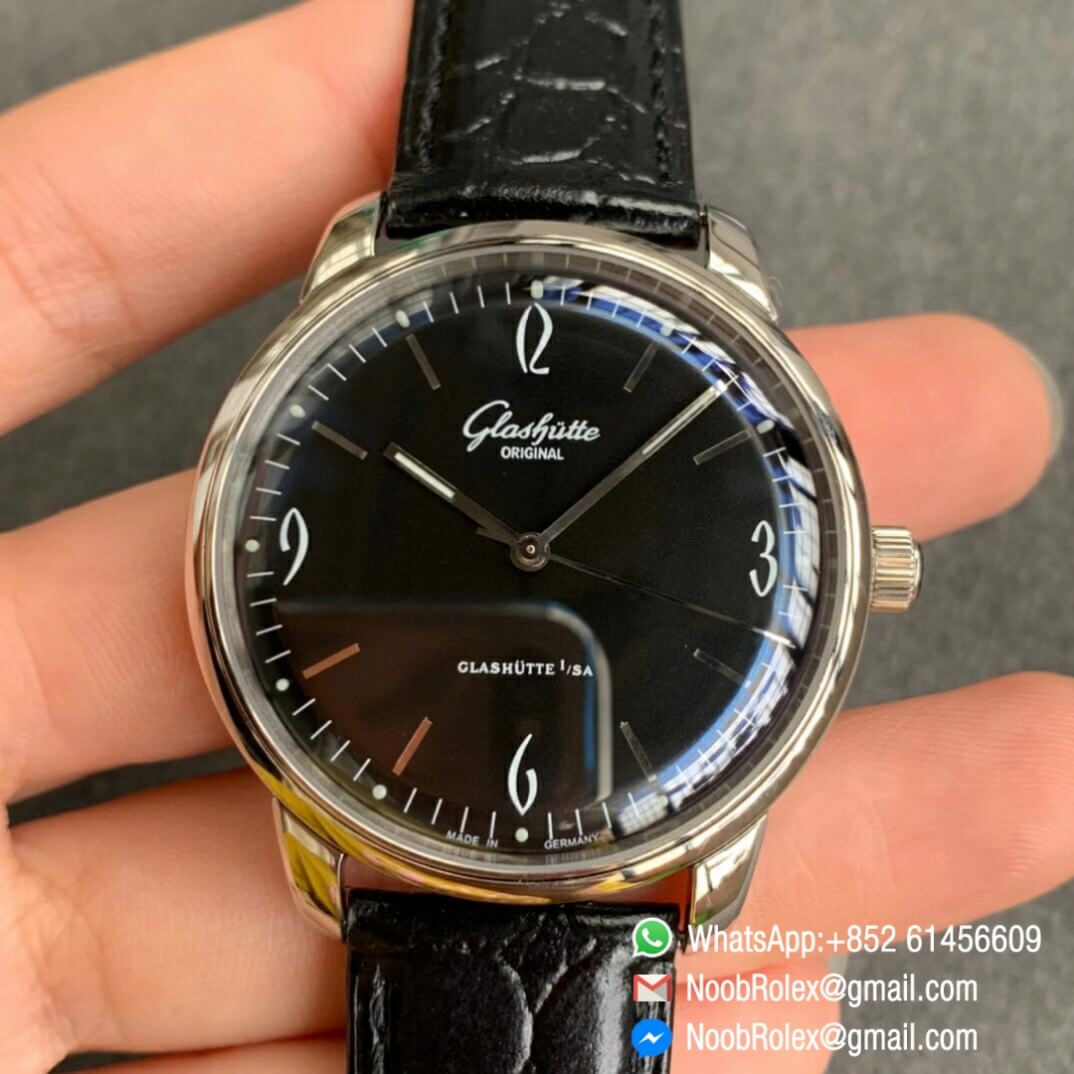 Noob Watch Time Best Clone Glashutte Original Senator Sixties Black Dial on Black Leather Strap A3959 01