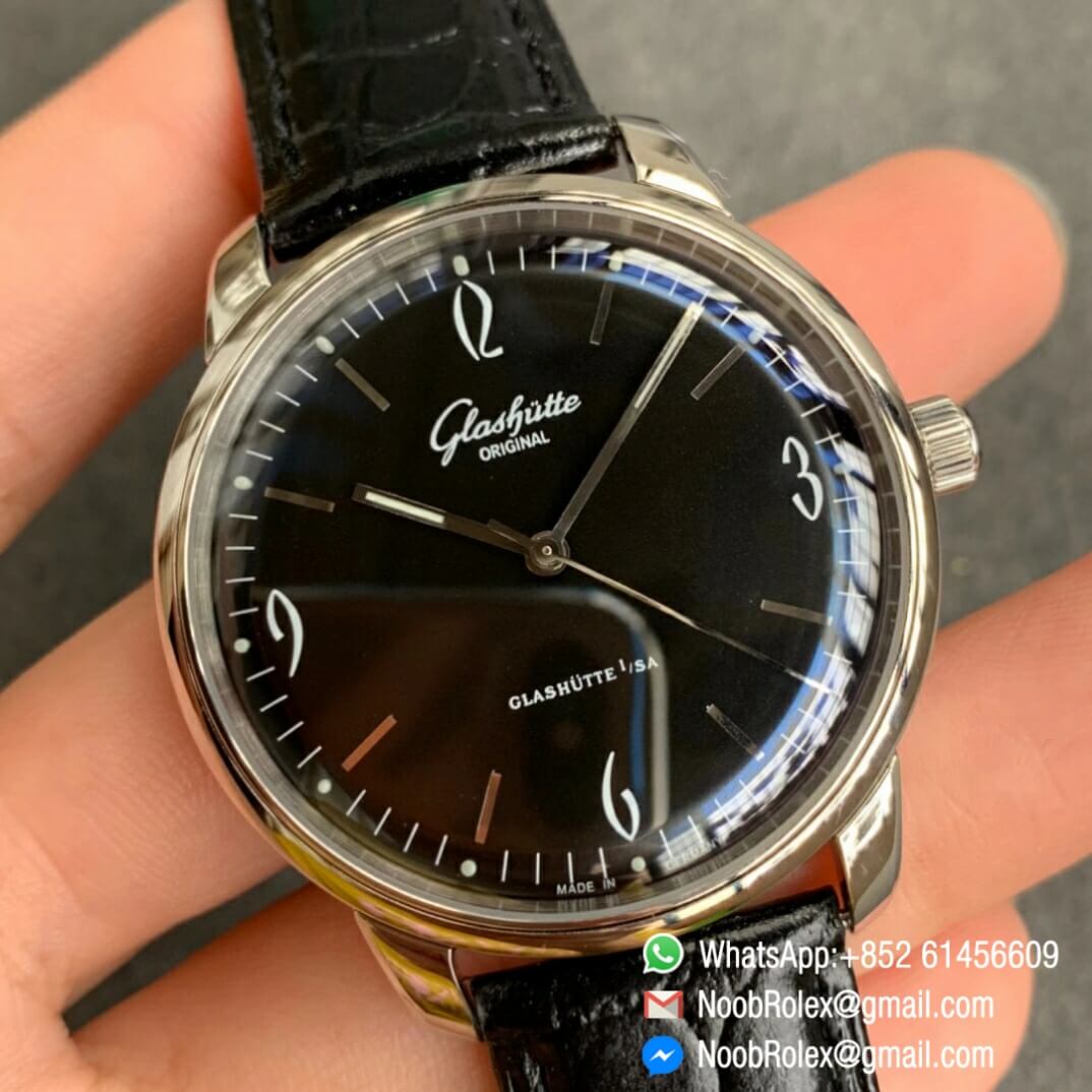 Noob Watch Time Best Clone Glashutte Original Senator Sixties Black Dial on Black Leather Strap A3959 02