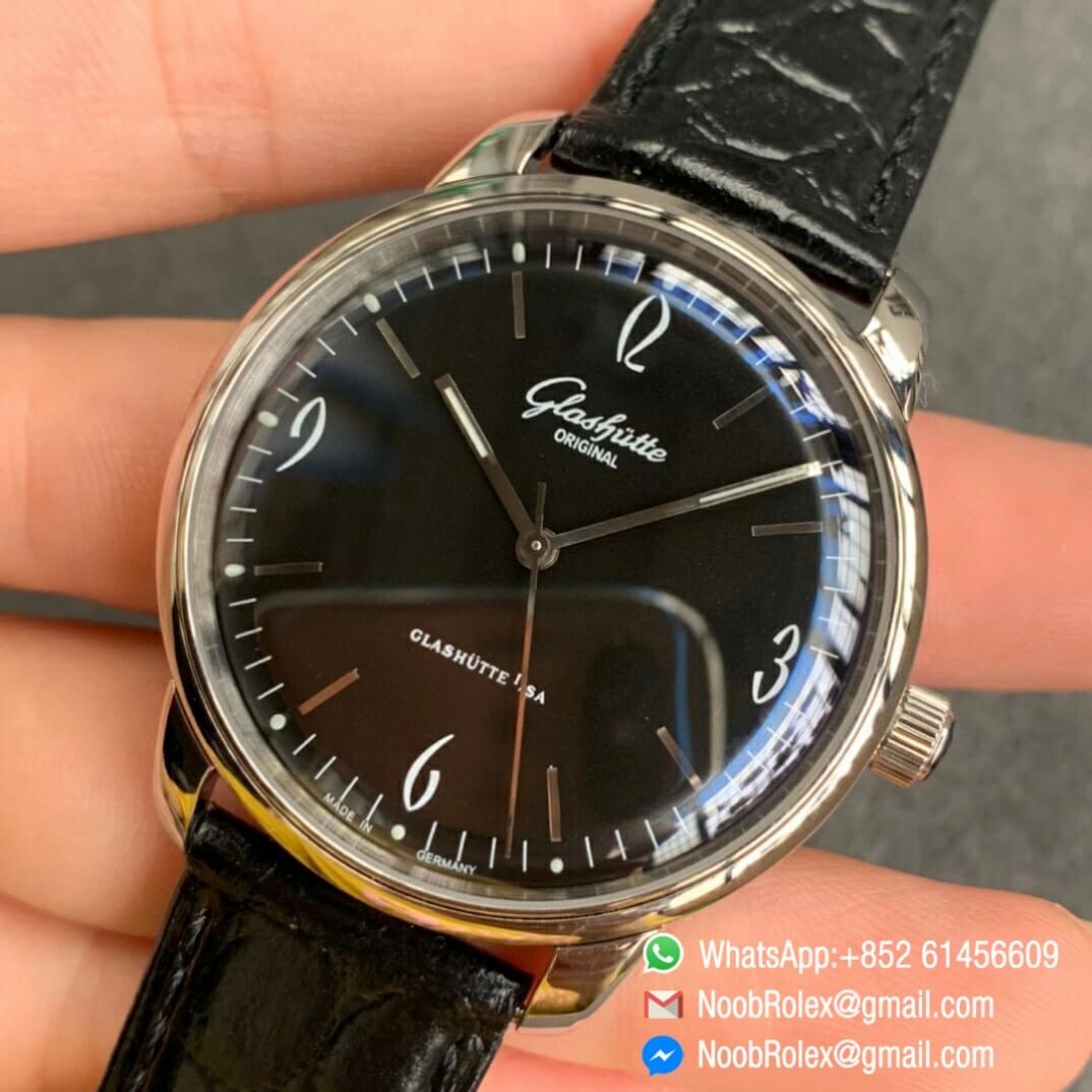 Noob Watch Time Best Clone Glashutte Original Senator Sixties Black Dial on Black Leather Strap A3959 03