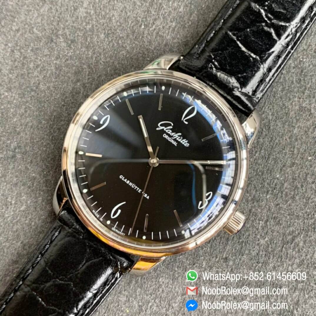 Noob Watch Time Best Clone Glashutte Original Senator Sixties Black Dial on Black Leather Strap A3959 09