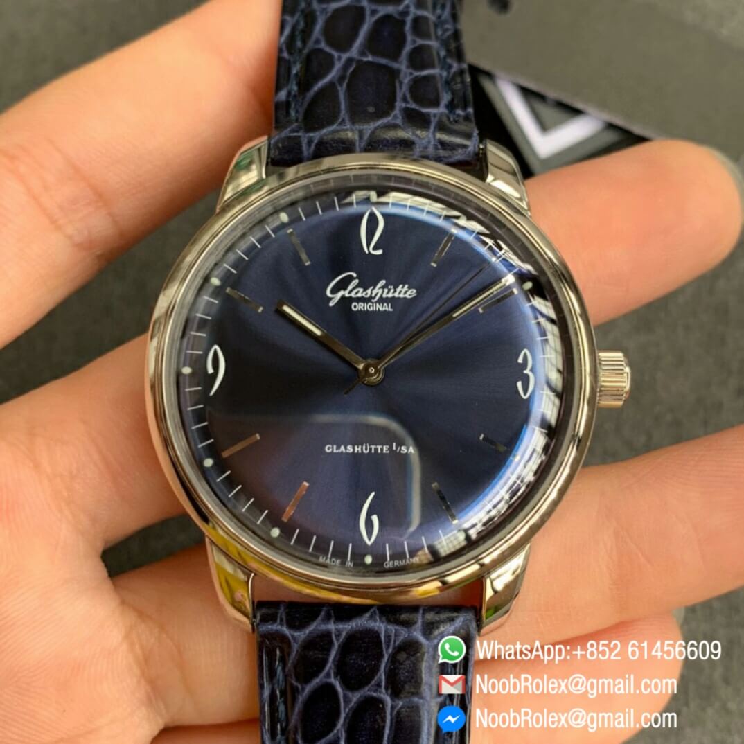 Noob Watch Time Best Clone Glashutte Original Sixties Automatic Blue Dial on Blue Leather Strap A3959 01