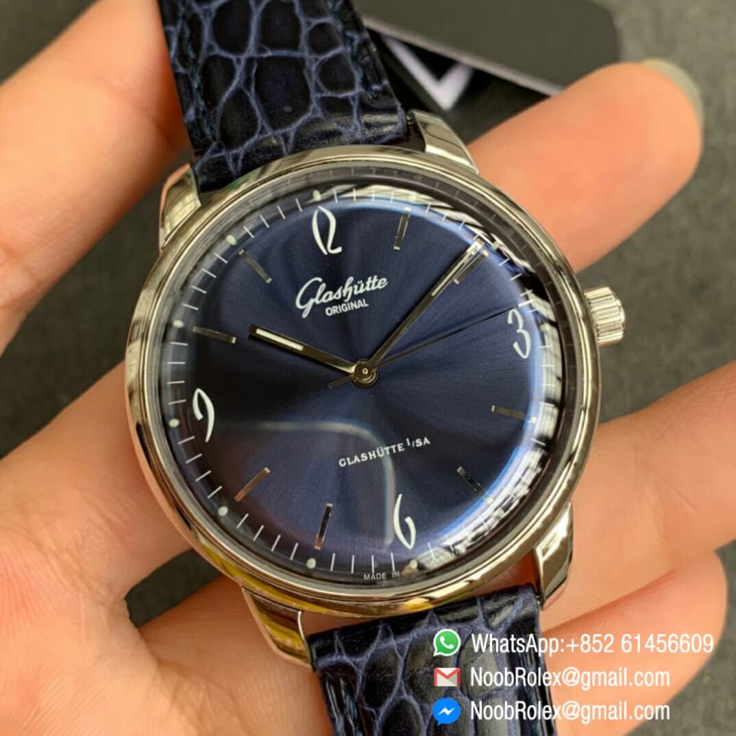 Noob Watch Time Best Clone Glashutte Original Sixties Automatic Blue Dial on Blue Leather Strap A3959 02