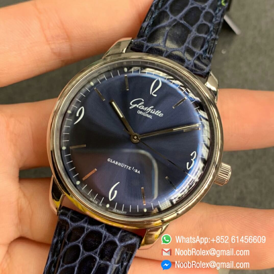 Noob Watch Time Best Clone Glashutte Original Sixties Automatic Blue Dial on Blue Leather Strap A3959 03