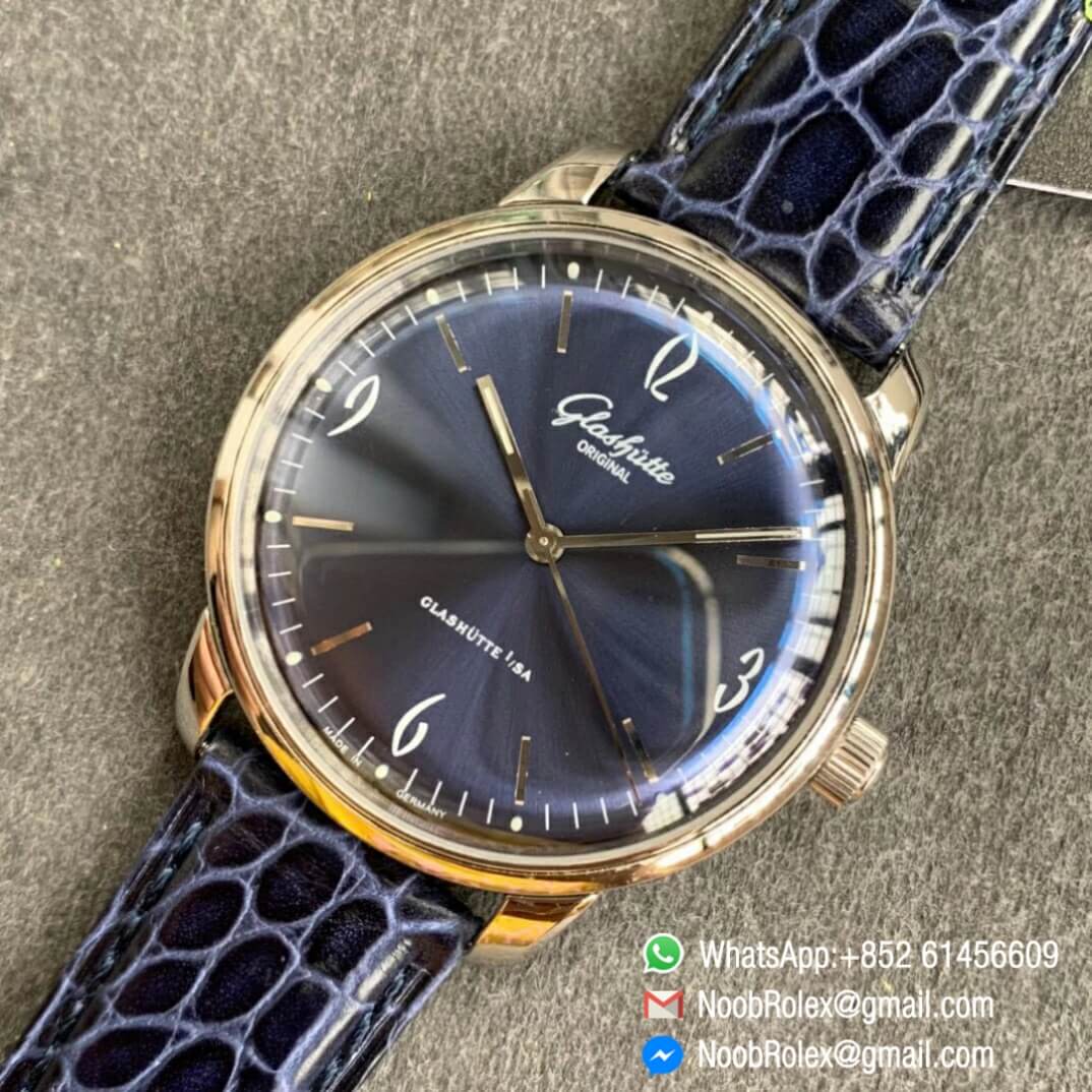 Noob Watch Time Best Clone Glashutte Original Sixties Automatic Blue Dial on Blue Leather Strap A3959 09