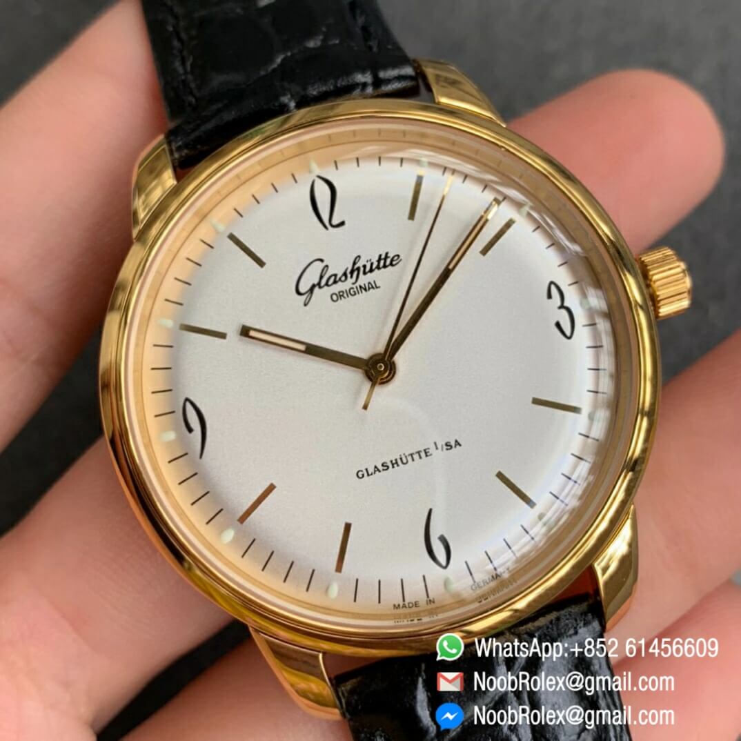 Noob Watch Time Best Clone Glashutte Original Sixties Automatic Yellow Gold Case White Dial on Black Leather Strap A3959 02