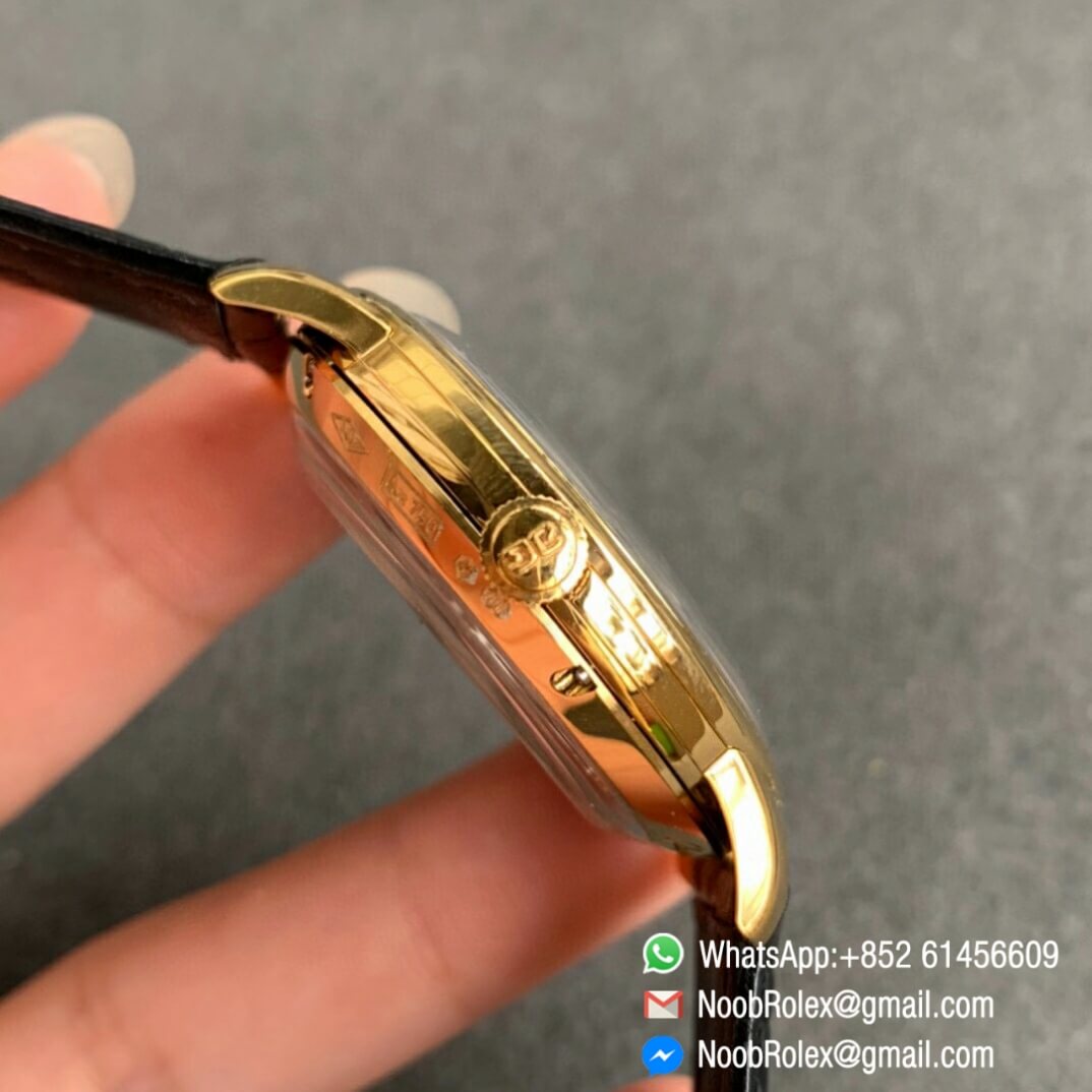 Noob Watch Time Best Clone Glashutte Original Sixties Automatic Yellow Gold Case White Dial on Black Leather Strap A3959 04