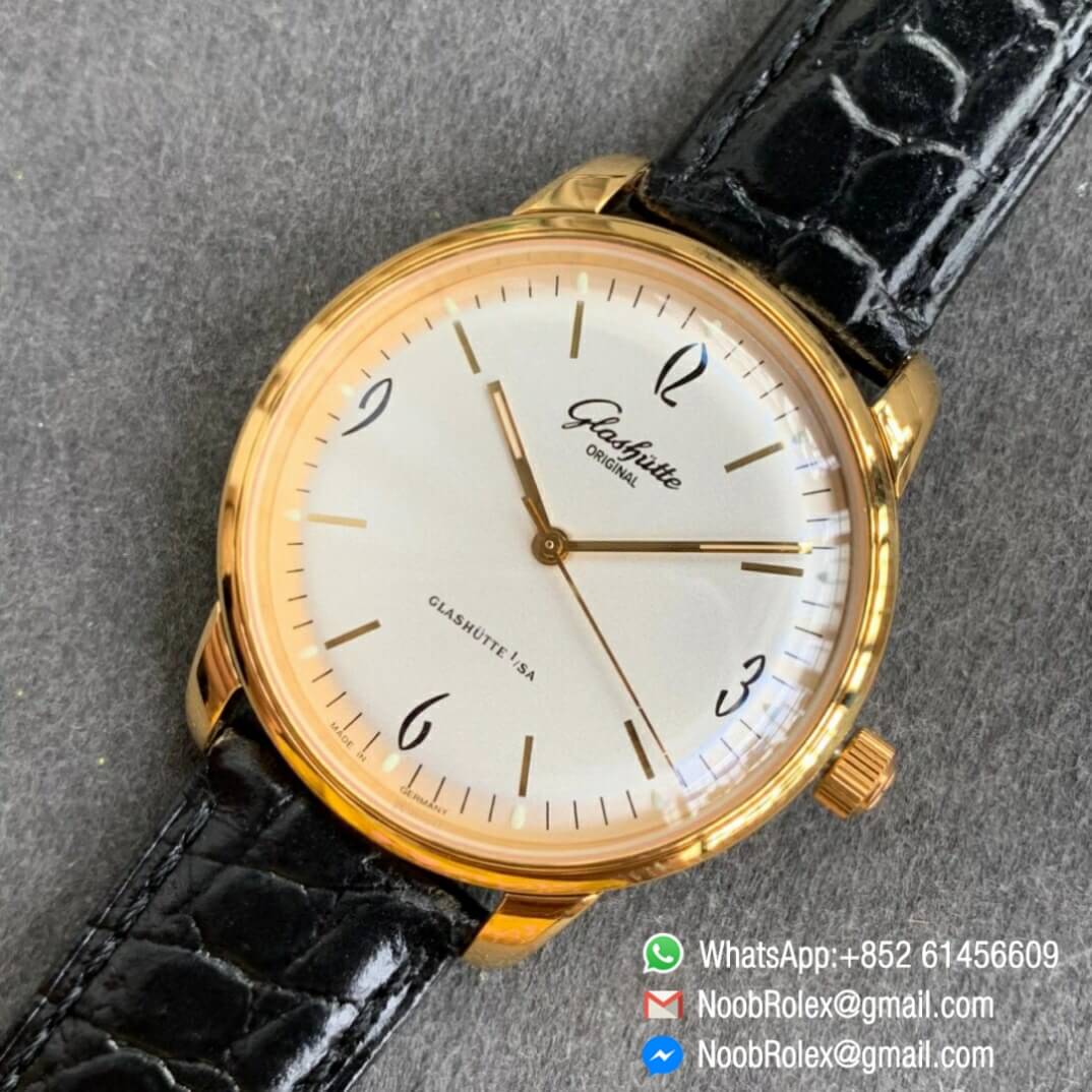 Noob Watch Time Best Clone Glashutte Original Sixties Automatic Yellow Gold Case White Dial on Black Leather Strap A3959 09