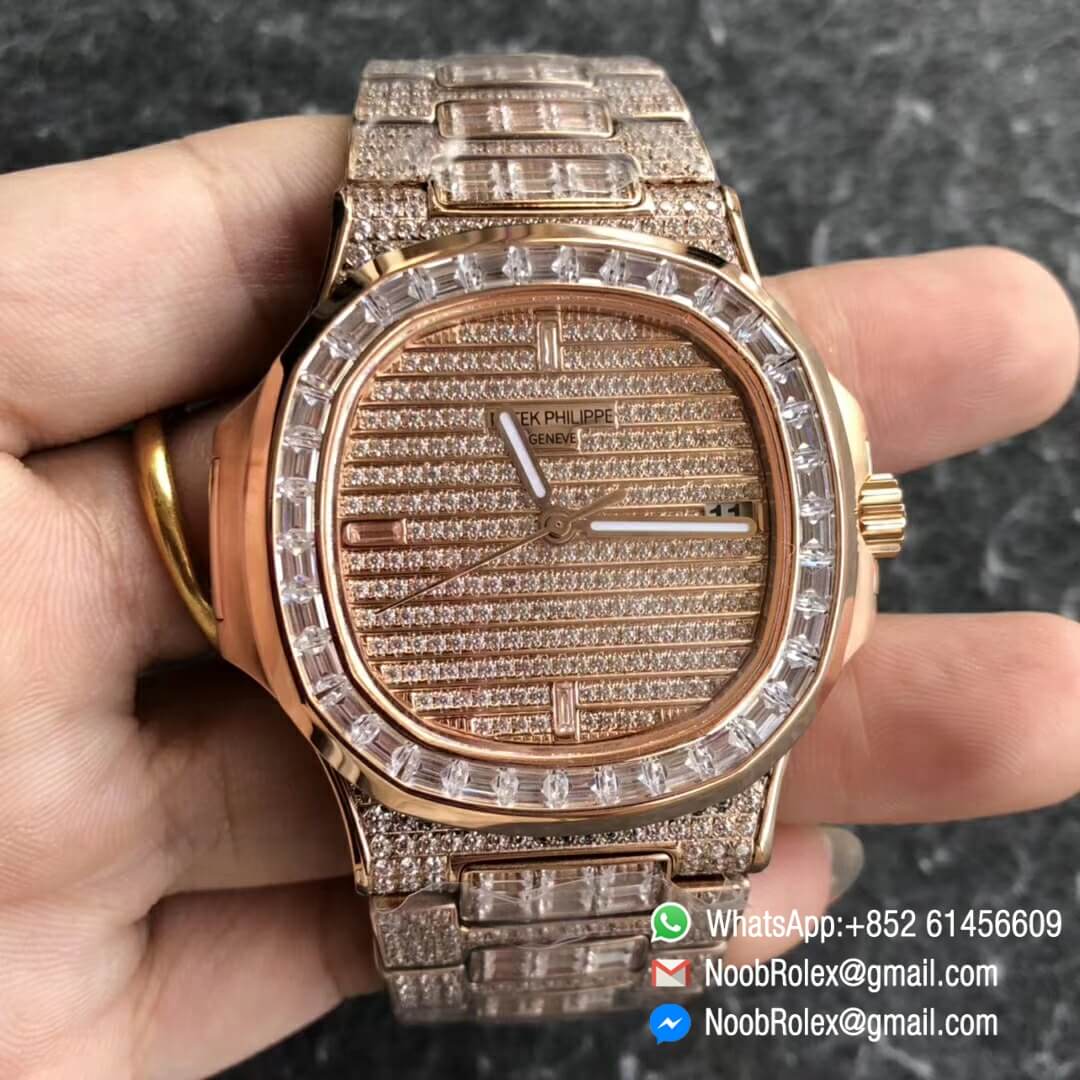 Noob Watch Time DMF SuperClone Nautilus Jumbo 5711 Rose Gold Full Diamonds Paved on Dial Case and Bracelet Square Diamonds Bezel A324 01