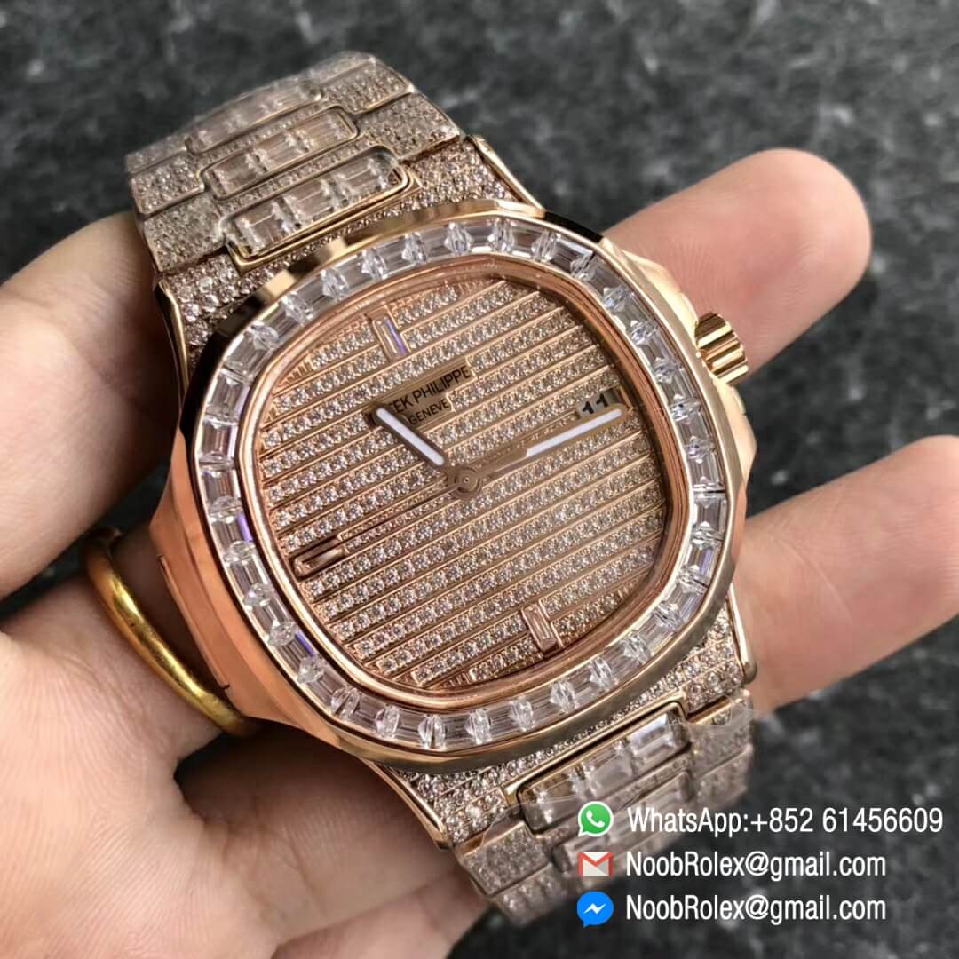 Noob Watch Time DMF SuperClone Nautilus Jumbo 5711 Rose Gold Full Diamonds Paved on Dial Case and Bracelet Square Diamonds Bezel A324 02
