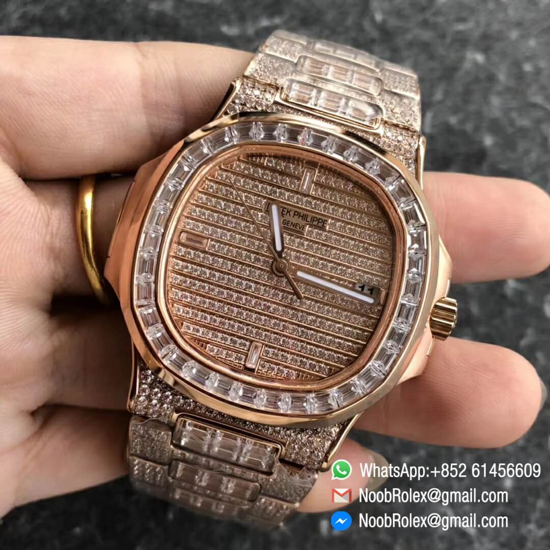 Noob Watch Time DMF SuperClone Nautilus Jumbo 5711 Rose Gold Full Diamonds Paved on Dial Case and Bracelet Square Diamonds Bezel A324 03