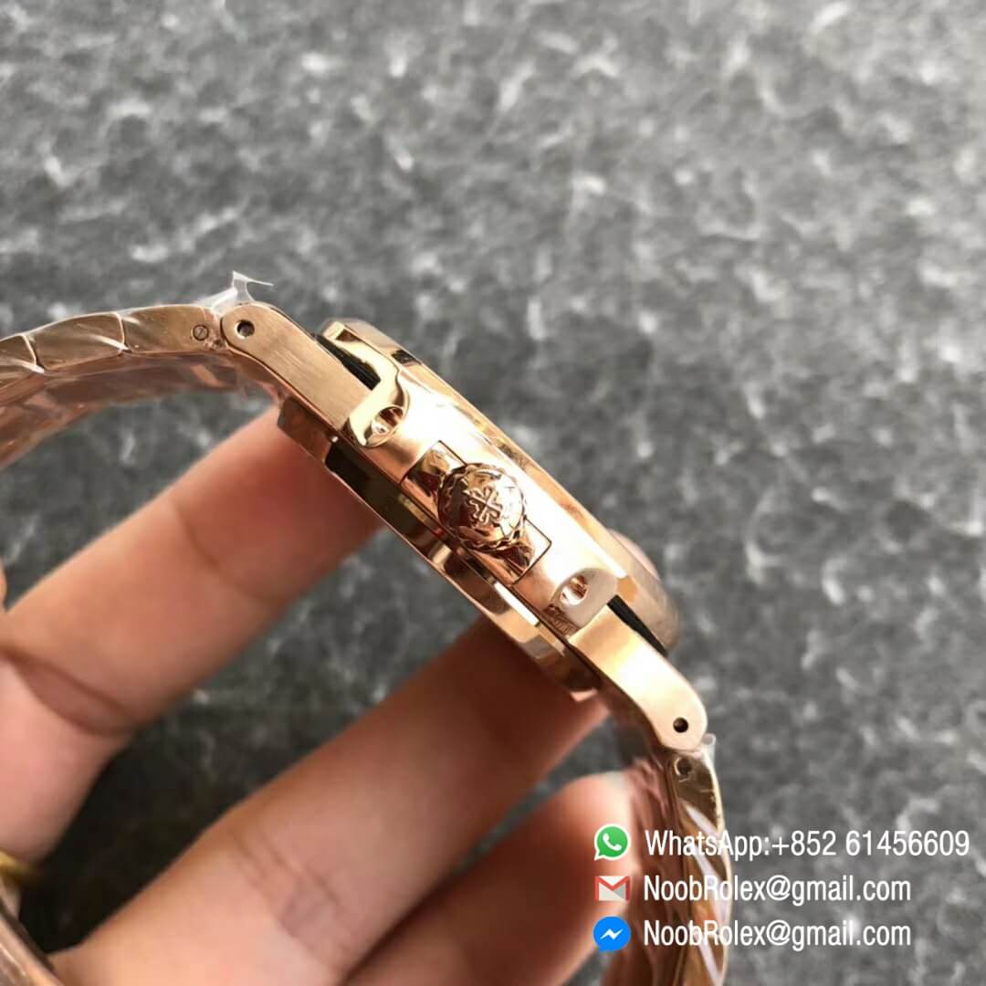 Noob Watch Time DMF SuperClone Nautilus Jumbo 5711 Rose Gold Full Diamonds Paved on Dial Case and Bracelet Square Diamonds Bezel A324 04