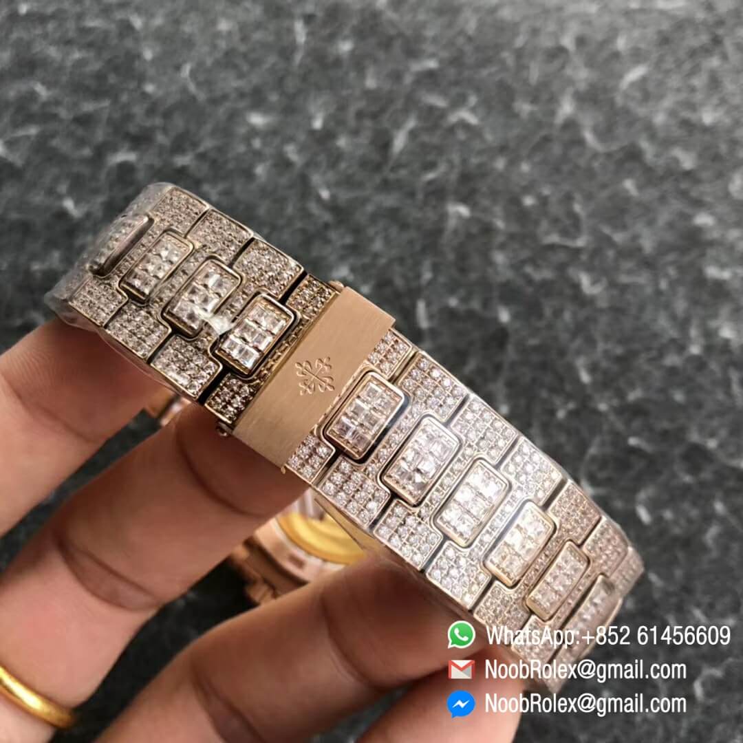 Noob Watch Time DMF SuperClone Nautilus Jumbo 5711 Rose Gold Full Diamonds Paved on Dial Case and Bracelet Square Diamonds Bezel A324 06