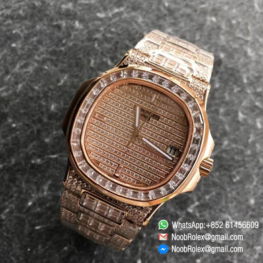Noob Watch Time DMF SuperClone Nautilus Jumbo 5711 Rose Gold Full Diamonds Paved on Dial Case and Bracelet Square Diamonds Bezel A324 09