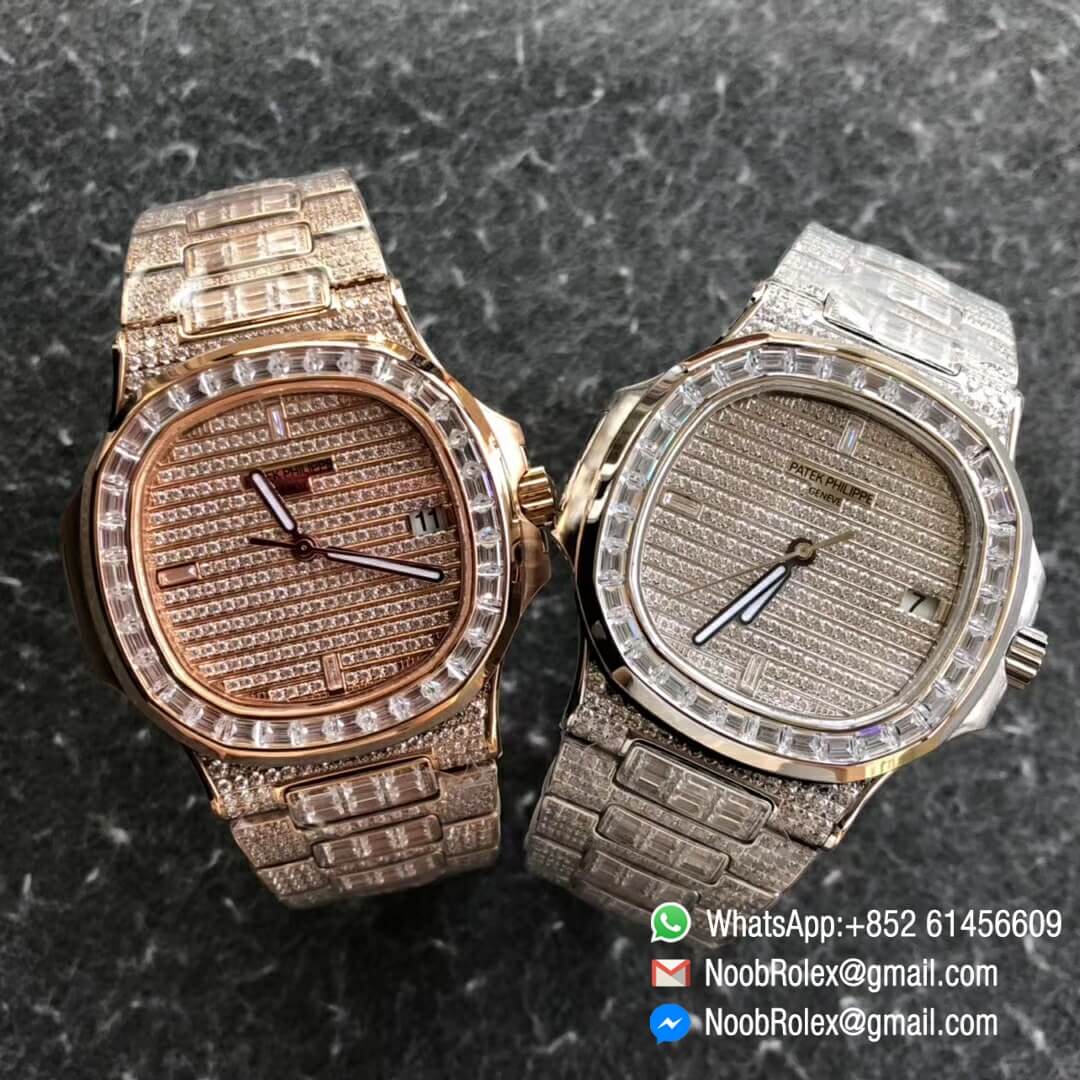 Noob Watch Time DMF SuperClone Nautilus Jumbo 5711 Rose Gold Full Diamonds Paved on Dial Case and Bracelet Square Diamonds Bezel A324 10